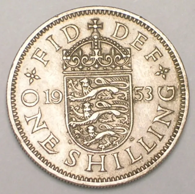 1953 UK Britain British One 1 Shilling Lion Shield Coin VF+