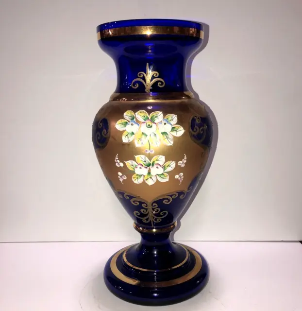 Beautiful Cobalt Blue Glass Vase with Hand Painted Blooming Flowers Gilt Details