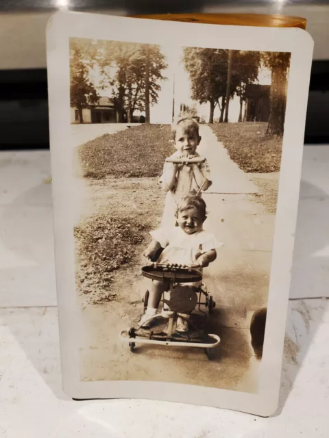 Antique Photo- Two Children Playing With Stroller