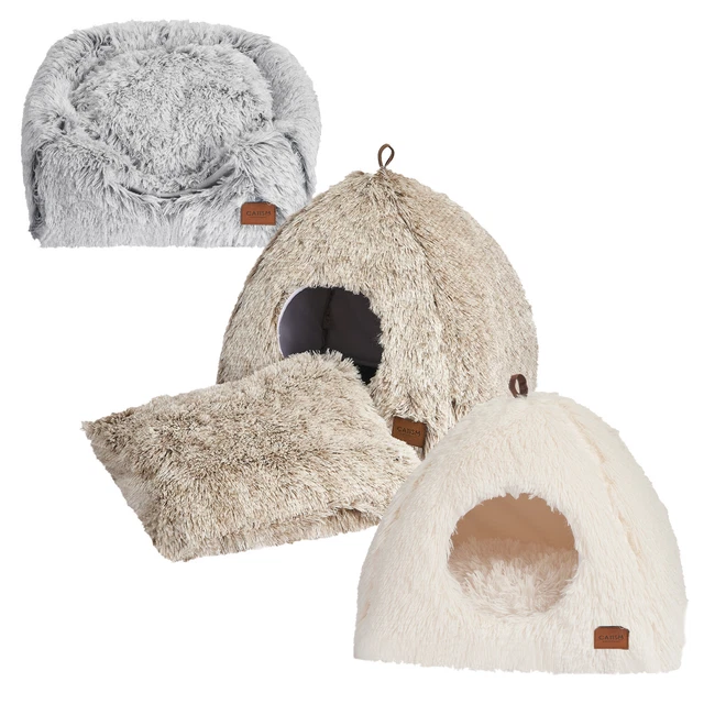 Cat Pet Igloo Cave Enclosed Covered Tent House Removable Cushion Bed Warm Plush