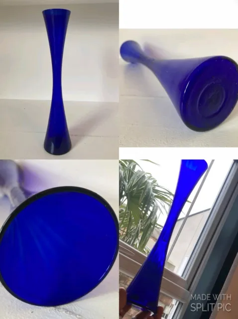 Vtg BLENKO Cobalt Blue Hand Blown Studio Art Hour Glass MID CENTURY Vase 12”