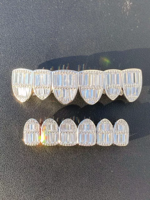 Real Solid 925 Sterling Silver Grillz Baguette Icy CZ Grills Top Or Bottom Teeth 2