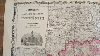 Antique Colored MAP OF KENTUCKY AND TENNESSEE - Johnson's Family Atlas 1863 2