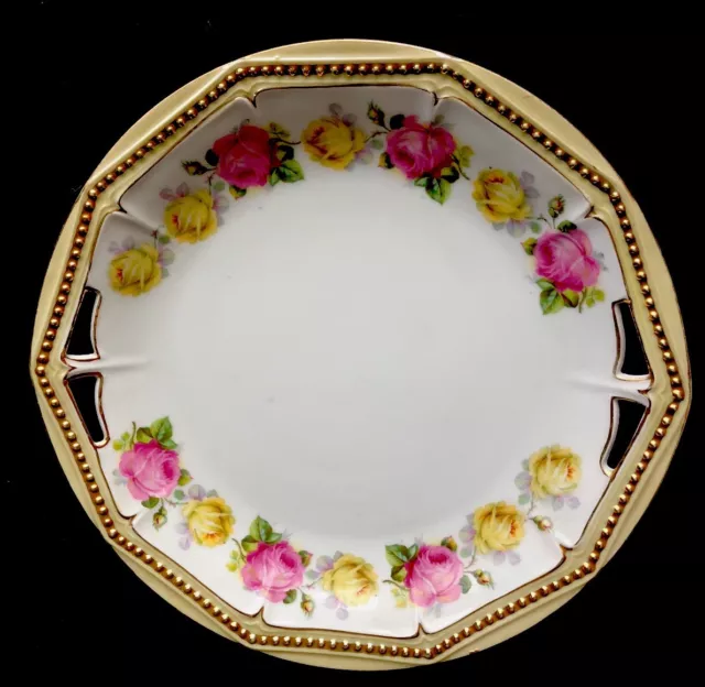 Vintage Hand Painted Silesia Two Handled Cake Cabinet Plate Roses