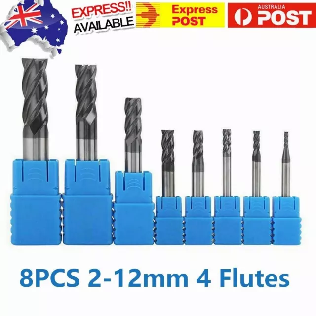 8pcs Carbide End Mill Set Tungsten Steel Milling Cutter Tool 2-12mm 4 Flutes Kit