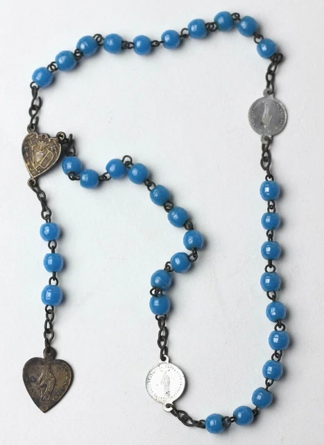 Antique 3 Decades Blue Glass Rosary Beads French