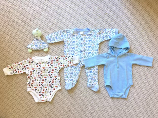 Baby boy dinosaur sleeper + lovey, waffle bodysuit, blue hoodie 3-6 mos Carter's