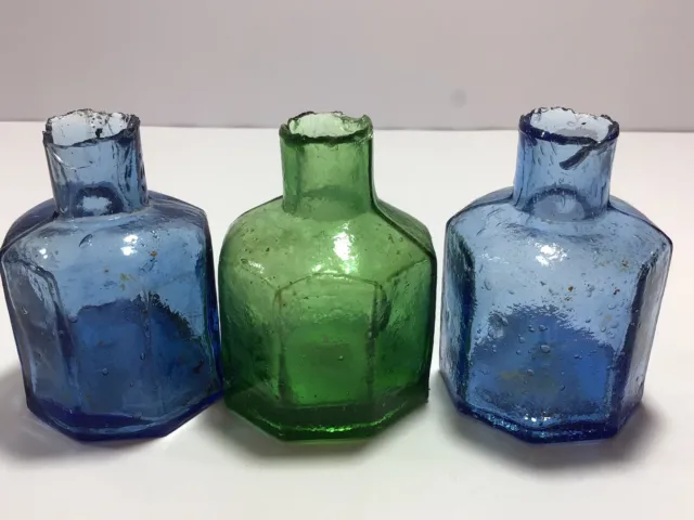 3 Nice BLUE GREEN Octagonal Old Victorian Ink Bottles J24