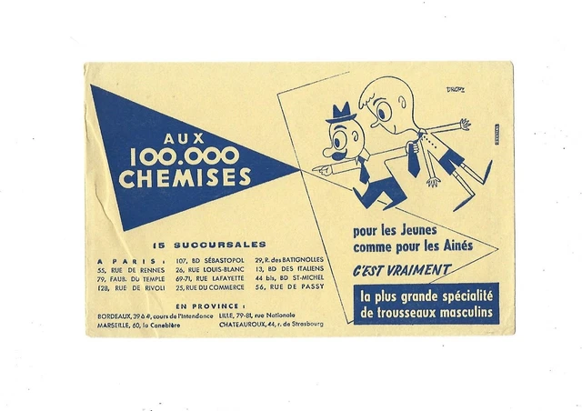 Beau buvard ancien publicitaire vêtement AUX 100000 CHEMISES hommes signé DROPI