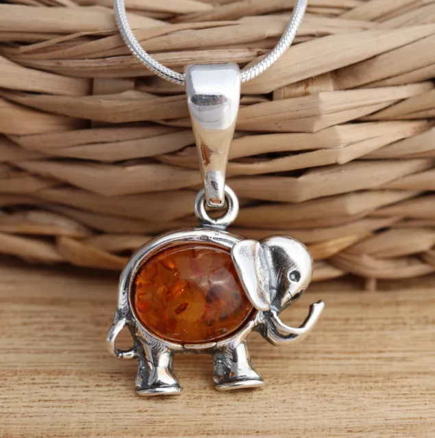 Cognac Baltic Amber 925 Sterling Silver Elephant Pendant Chain Necklace Gift Box