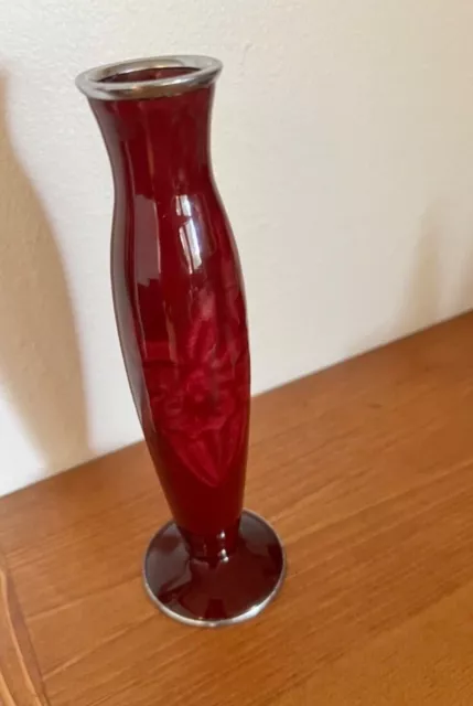 Ando Cloisonne Japanese Vintage Vase Deep Burgundy Layed on Silver 