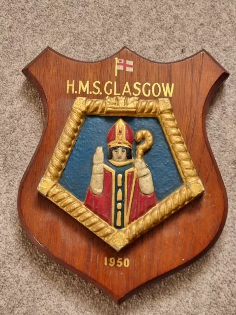 Original Large 1950  Royal Navy HMS GLASGOW Wall Plaque Crest Shield hardwood