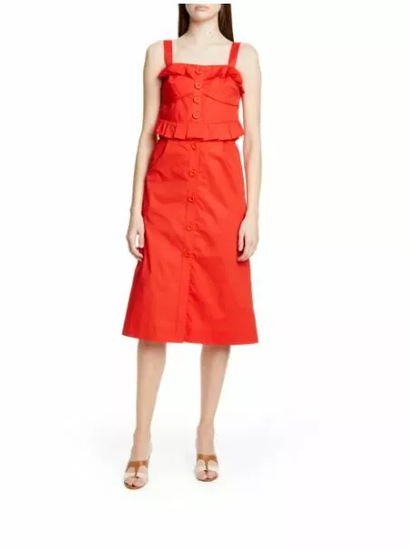 Sea New York Red Cotton Midi Dress Button Front Ruffle Corset Sz 0 New $398