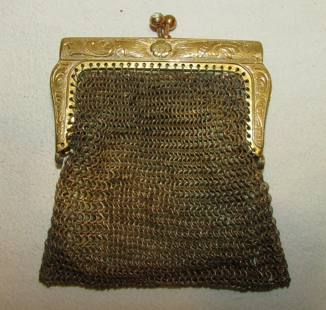 Ancienne Aumônière Bourse Femme Tissu Et Métal - Noir Vintage