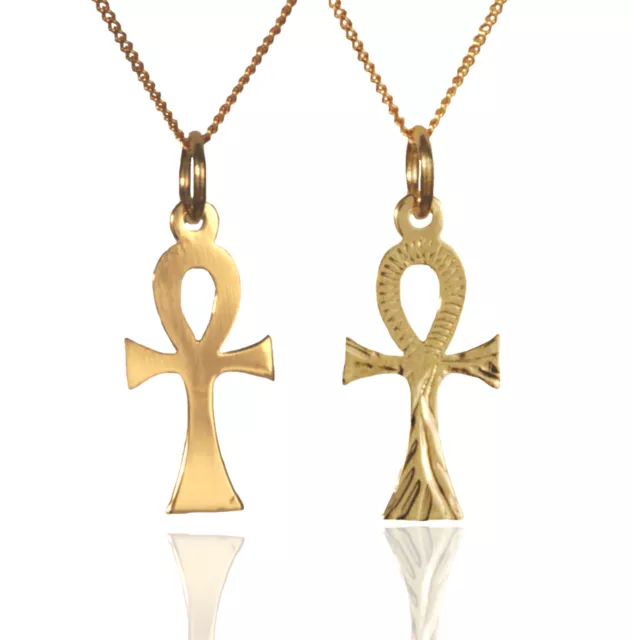 9ct Gold Diamond Cut Ankh Cross Pendant & 9ct Gold 18" Chain.