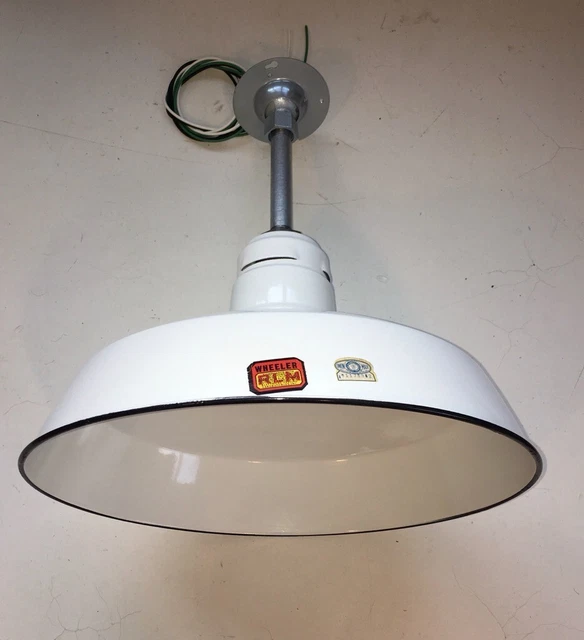 1940s Wheeler 16" NOS Porcelain Industrial White Barn Light Vintage Gas Station