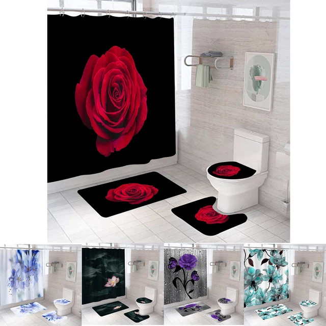 Rose Floral Schmetterling Duschvorhang Nicht-Schlupfmatten Toilettendeckel Set