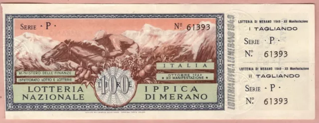 Biglietto con Tagliando Lotteria Nazionale Ippica di Merano Anno 1949