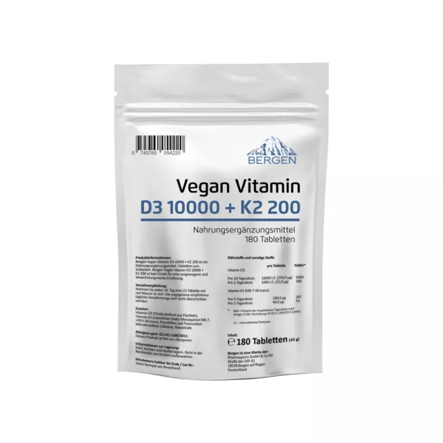 Vitamin D3 10000 IU & Vitamin K2 200mcg MK-7 Menachinon-7 D3 I.E. 180 Tabletten