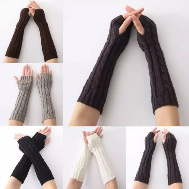 Women Lady Girl Knitted Crochet Long Winter Warmer Braided Arm Fingerless Gloves