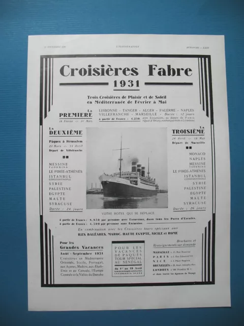 PUBLICITE DE PRESSE CROISIERES FABRE MEDITERRANéE PAQUEBOT PATRIA FRENCH AD 1931