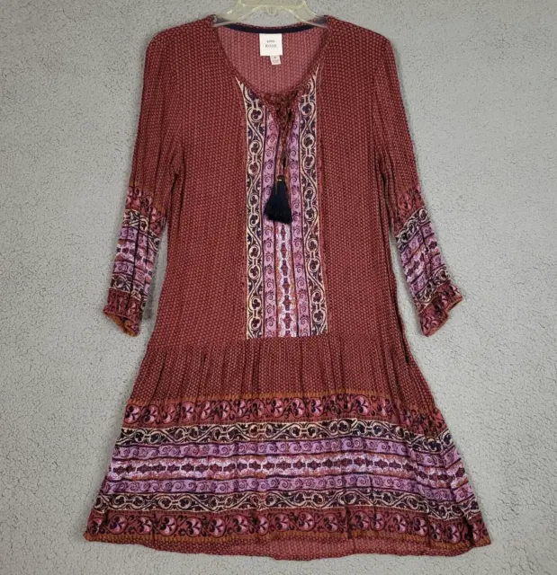 Knox Rose Dress Womens M Medium Red Mixed Print Shift Midi Tassel Boho Peasant