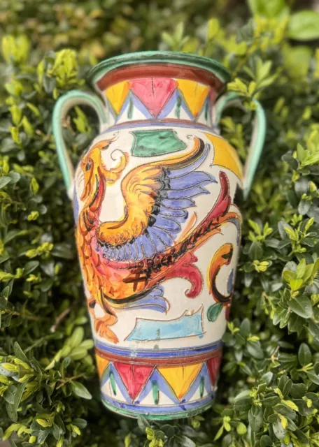 vintage italian pottery majolica vase with stylised mythical bird / Phoenix