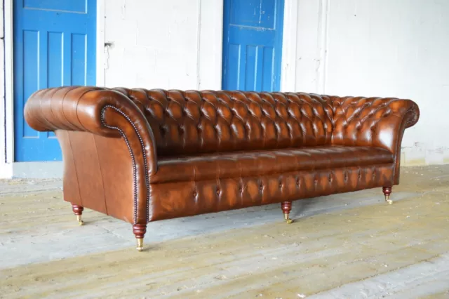 Traditional Handmade 4 Seater Large Antique Tan Brown Leather Chesterfield Sofa