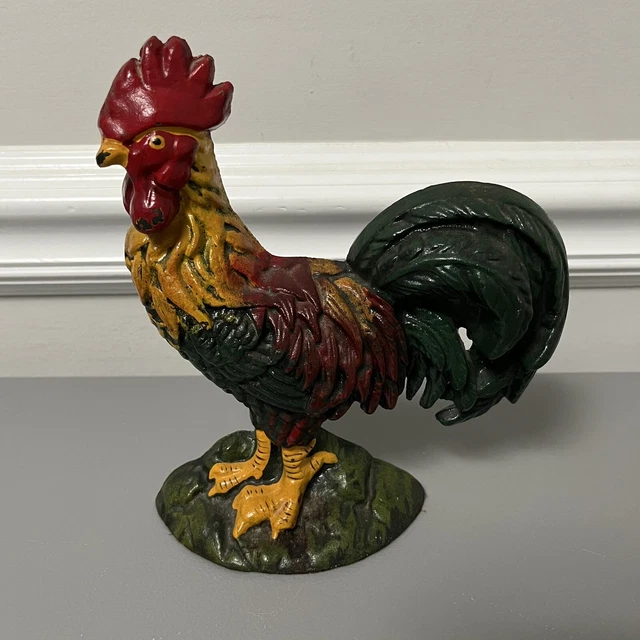 Vintage Cast Iron Farm Rooster Door Stop Book End 8in