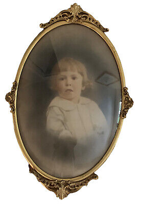 VTG Gold Ornate Domed Convex Bubble Glass Metal Child Portrait Gilded Frame 24”