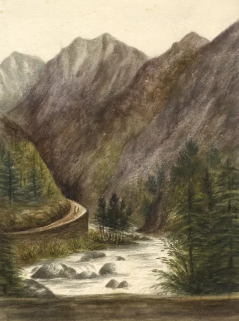 Alpine Landscape with Figures on Path – mid-19th-century watercolour painting