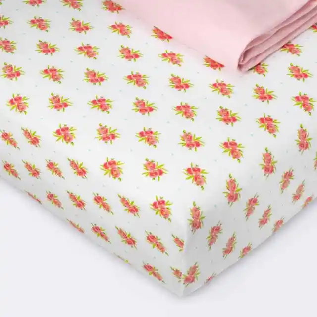 Fitted Jersey Crib Sheet Ditsy Floral and Solid Pink - Cloud Island™ Pink 2pk