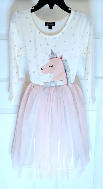 Zunie Little Girl's Long Sleeve Sparkling Foil-Star Unicorn Tutu Dress-Size-6X