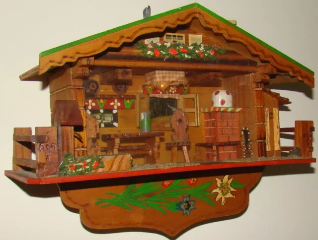 11" German Black Forest Swiss Chalet Cuckoo Clock Music Box Lighted Wall Diorama