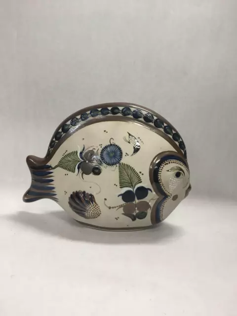 Large Vintage Mexico SIGNED TONALA Pottery Hand Painted Decorative Ceramic Fish