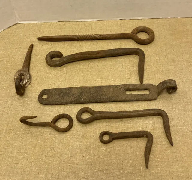 Antique Hardware Lot Hand Forged Wrought Iron Hooks Latches Rings Pins