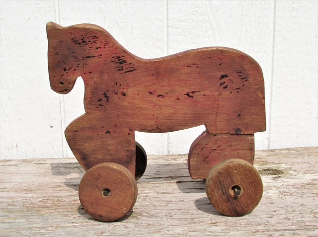 VINTAGE WOODEN TOY HORSE ON WHEELS PULL TOY ANTIQUE PRIMITIVE farm house wood