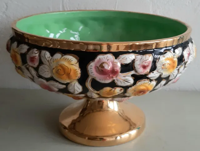 Vintage Hand Painted Majolica Fruit Bowl Gold Pedestal Stand