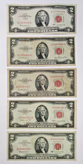 Lot of 5, 1953 & 1963 series $2 dollar bill red seal, lot 2