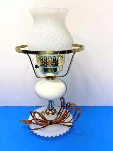 Vintage Leviton Hurricane Lamp - Milk Glass and Brass - Hobnail and Floral WORKS