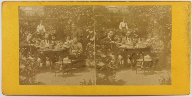 FRANCE Family Table Garden Photo c1870 Stereo Vintage Albumin
