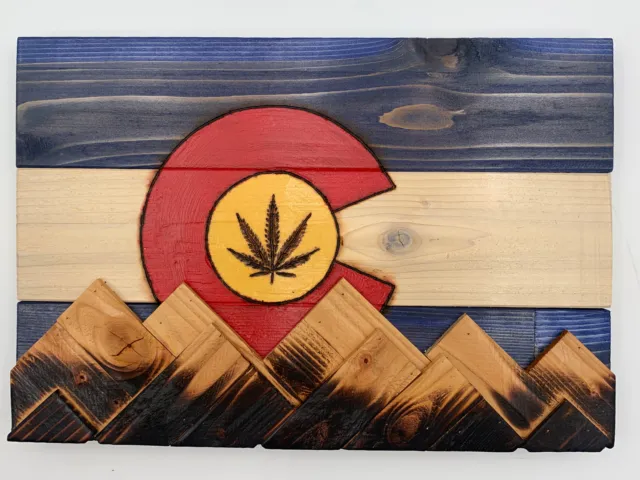Colorado State Flag Cannabis Theme Wooden Wall Art 10"x15" 3D Mountains Leaf