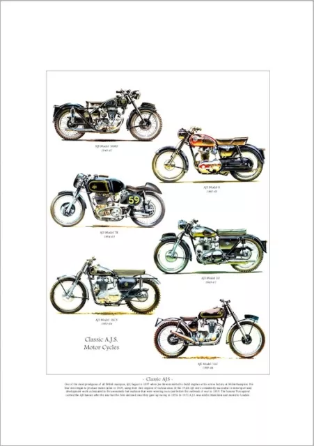 CLASSIC AJS - Motorcycles Fine Art Print A3 size - Model 16MS 8 7R 20 18CS & 16C