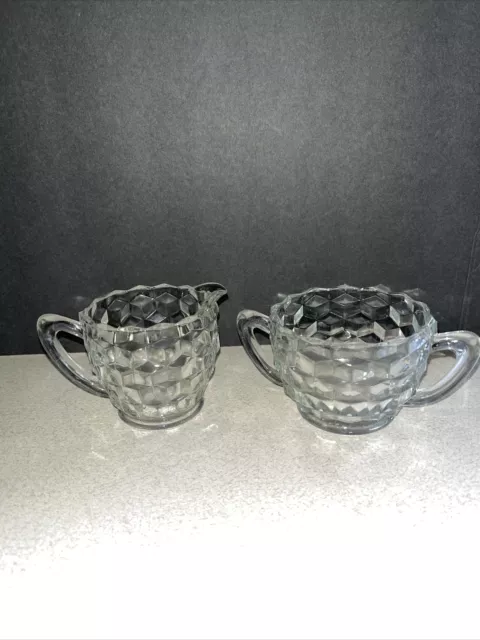 Vintage 1950 Jeannette Stack Cube Cubist Open Sugar Bowl & Creamer Clear Glass