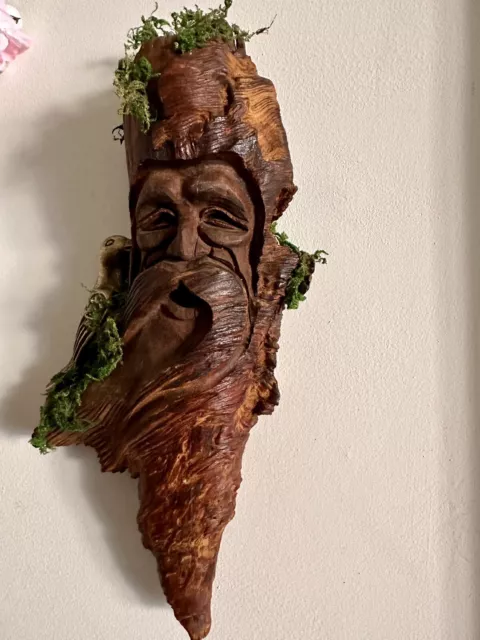 Hand Carved Wood Spirit Folk Art Piece Carving Man’s Face With Beard 11” x 5.5”