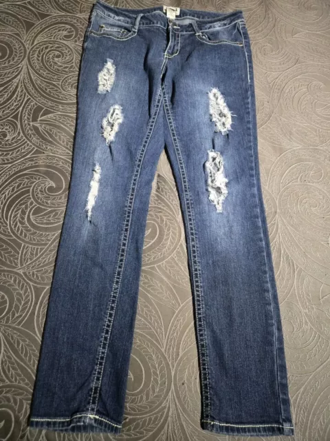 Mudd Women's Denim Blue Jeans Size 11 Distressed Ripped Design Embroided Pockets