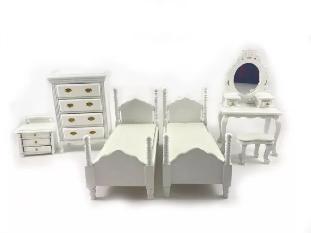 Poupées Maison Blanc Chambre Mobilier Ensemble Miniature Avec Double Lits 1:12