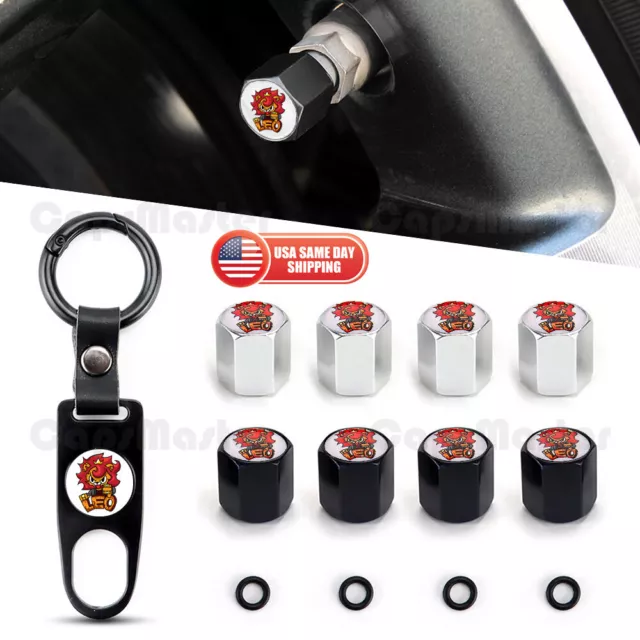 Universal Car Wheel Tire Valve Dust Stem Air Cap + Keychain Ring Zodiac Leo Logo