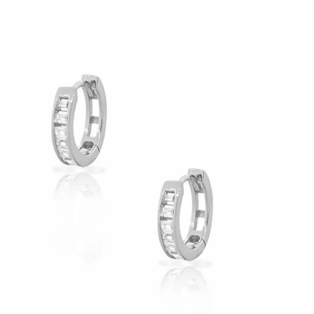 Sterling Silver Baguette Crystals CZ Small Hoop Huggie Womens Girls Earrings