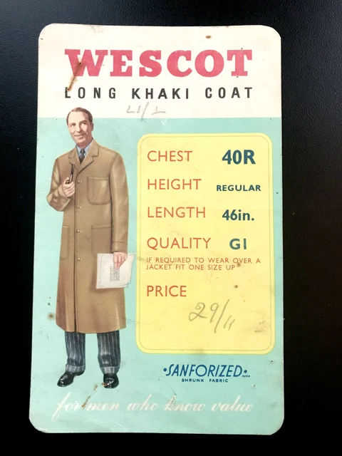 Wescot Vintage Label Workwear Warehouse Khaki Coat 1940s 1950s Egham British UK